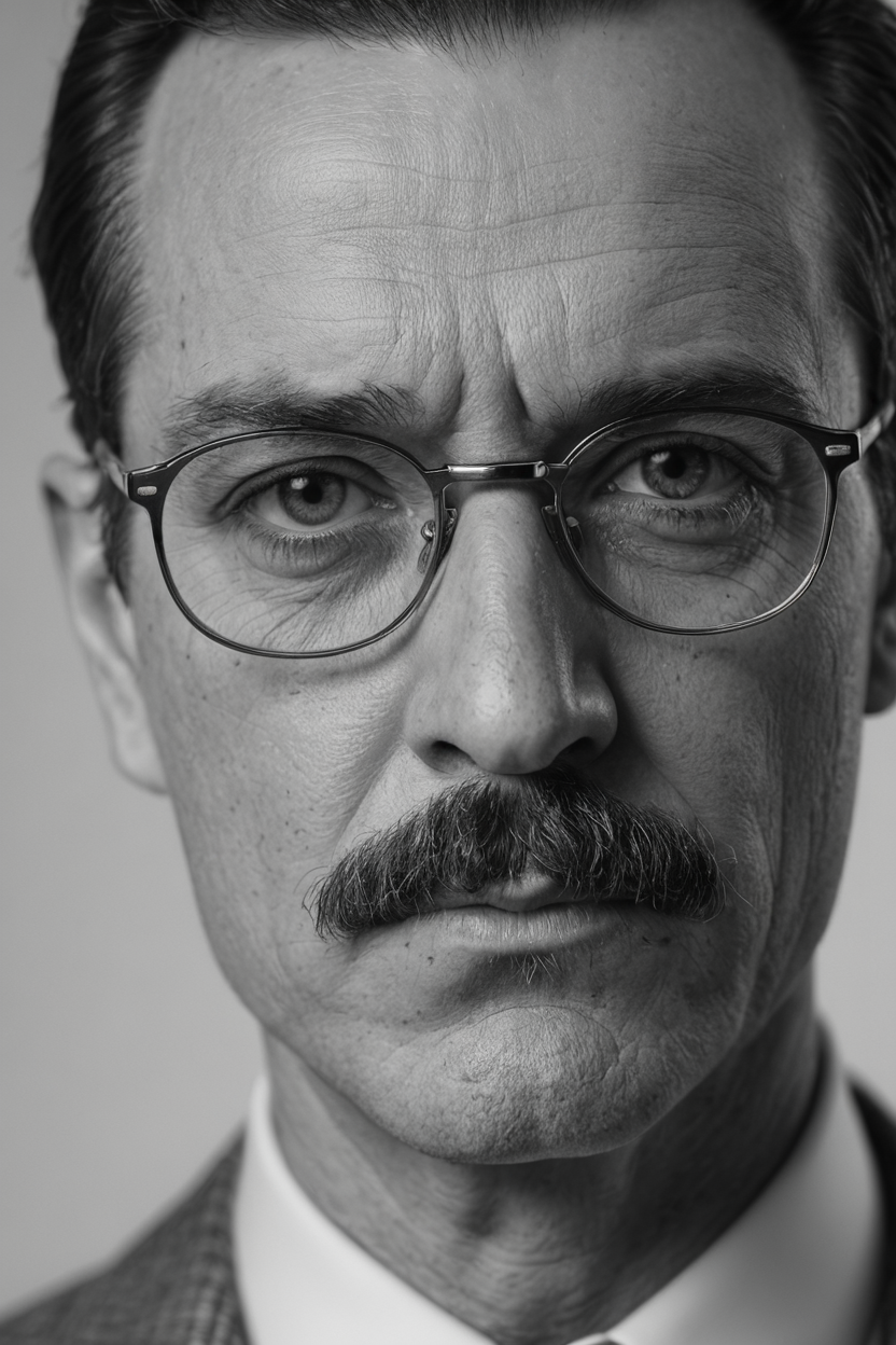 A close-up portrait of a man with moustache and glasses,looking serious into the camera. Black and white,high contrast,reminiscent of the cinematography of Freddie Young