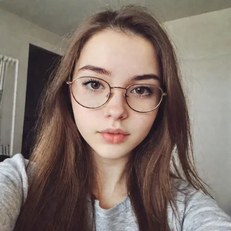 a19 year old girl with brown hair,long, pretty, taking a selfie, with glasses, cute pout face
