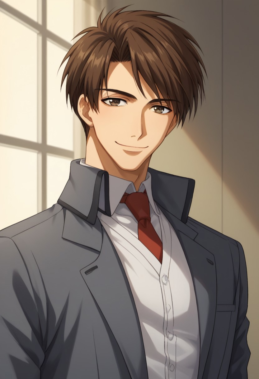 score_9, score_8_up, score_7_up, source_anime, highly detailed, 
conradweller, 1boy, male focus, solo, brown hair, brown eyes, shirt, smile, looking at viewer,
white shirt, collared shirt, upper body, necktie, red necktie, formal, jacket, grey jacket, belt,
indoor,