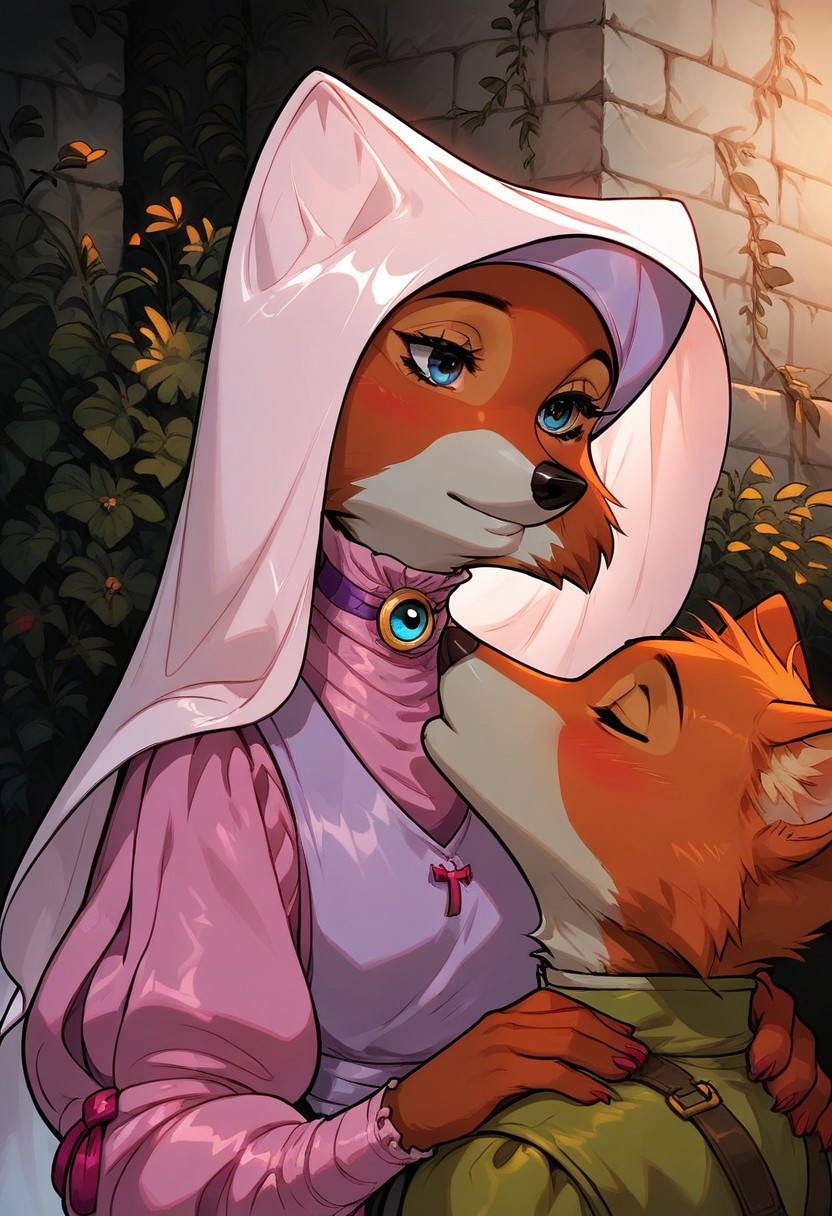 score_9, score_8_up, score_7_up, score_6_up, 1 anthro fox girl, Maid Marian, sexy face, cute face, blue eyes, hazel eyes shy , nose blush, medium boobs, closd eyes, chest up, grey fur, bald, fullbody, (medieval church background:1,2), 3/4 side view, full body view, BREAK, 1boy, Robin Hood, anthro fox, closed eyes, male, hunter clothes, BREAK, duo, 2charachters, Robin Hood kisses MAid Marian with deep kiss