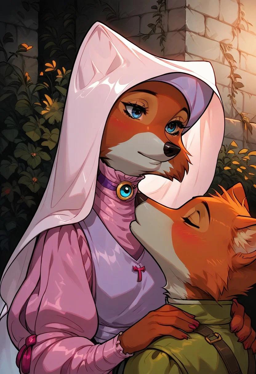 score_9, score_8_up, score_7_up, score_6_up, 1 anthro fox girl, Maid Marian, sexy face, cute face, blue eyes, hazel eyes shy , nose blush, medium boobs, closd eyes, chest up, grey fur, bald, fullbody, (medieval church background:1,2), 3/4 side view, full body view, BREAK, 1boy, Robin Hood, anthro fox, closed eyes, male, hunter clothes, BREAK, duo, 2charachters, Robin Hood kisses MAid Marian with deep kiss