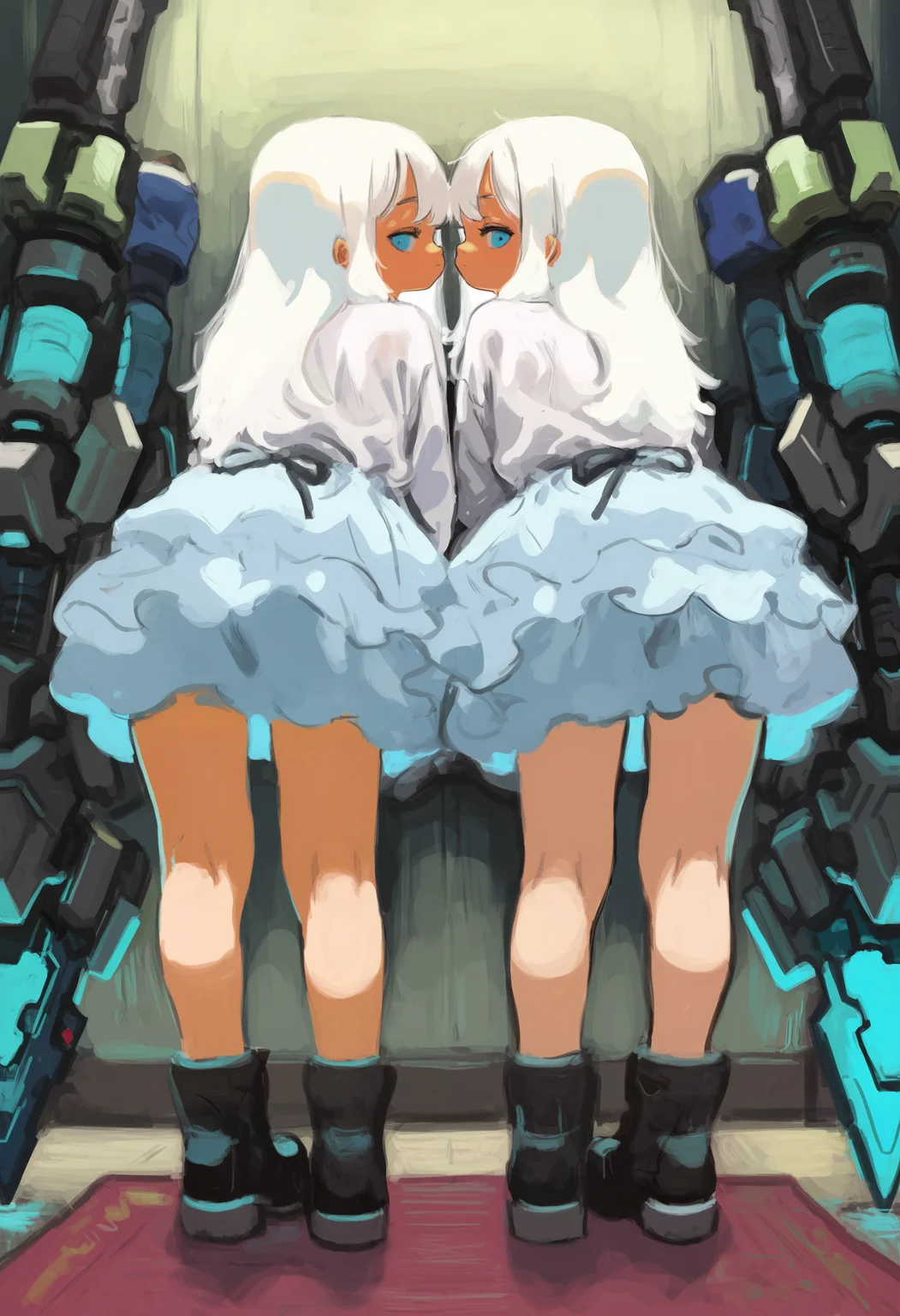amazing quality, newest, absurdres, realistic lighting, 2girls, twins, long hair, white hair, looking back, leaning on weapon, mechanical weapon, poofy dress, kneepits, white shirt, black footwear, <lora:naohito-IL>