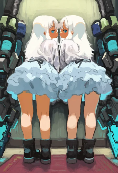 amazing quality, newest, absurdres, realistic lighting, 2girls, twins, long hair, white hair, looking back, leaning on weapon, mechanical weapon, poofy dress, kneepits, white shirt, black footwear, <lora:naohito-IL>