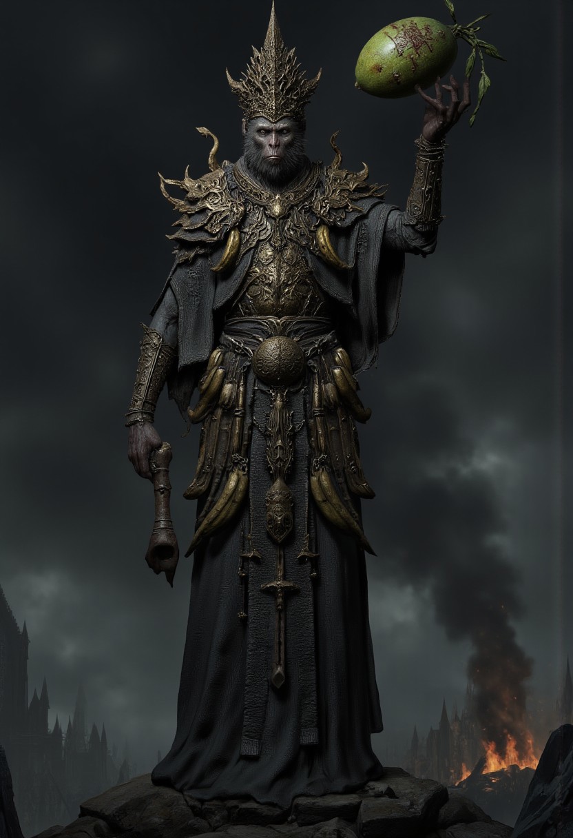 A monkey faced artillery witch with bananas tucked into her belt, levitating a mango, DGC style, MikeFranchinastyle, ghiblistyle, hkevil, berserk style, Surreal art, d4artstyle, d4concept, , bbstyle,, horror theme,, zbrush, ZBClay model of a gray sculpture
Set against a solid dark color background to emphasize its unnatural form and grotesque eerie and unsettling anatomy that emphasizes its silhouette. The medium is not a traditional painting or illustrative medium like watercolor or ink but rather a digital 3D rendering.
A dark, imposing figure of an rumoured orangutan with a surreal, apocalyptic presence, wearing elaborate ceremonial armor that blends Gothic and post-apocalyptic styles. The figure has the face of a orangutan and is adorned in intricate, ornate robes of black and dark metallic hues, with a high, pointed headpiece that evokes both authority and menace. The orangutanfigure raises one arm, effortlessly holding an ominous, stylized ((((mango)))) that bears cryptic runes and symbols. ((Orangutan artillery witch)), bananas tucked into his belt, The background is a war-torn, smoky wasteland with faint orange glows of distant fires, shrouded in an oppressive atmosphere. The scene exudes a mix of religious zeal, destruction, and foreboding otherworldly power. The monkey king named WuKong.