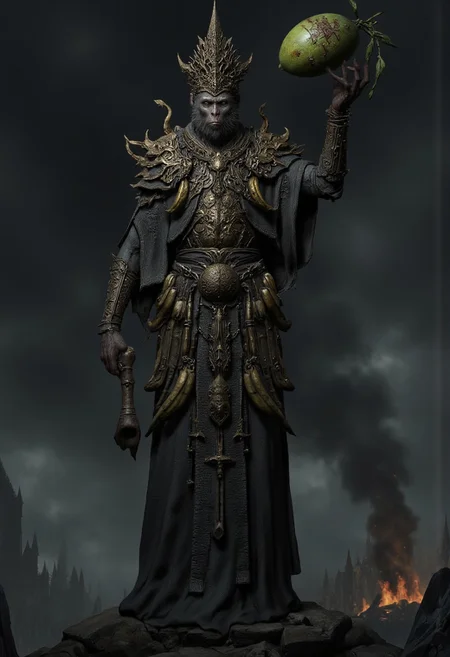 A monkey faced artillery witch with bananas tucked into her belt, levitating a mango, DGC style, MikeFranchinastyle, ghiblistyle, hkevil, berserk style, Surreal art, d4artstyle, d4concept, , bbstyle,, horror theme,, zbrush, ZBClay model of a gray sculpture
Set against a solid dark color background to emphasize its unnatural form and grotesque eerie and unsettling anatomy that emphasizes its silhouette. The medium is not a traditional painting or illustrative medium like watercolor or ink but rather a digital 3D rendering.
A dark, imposing figure of an rumoured orangutan with a surreal, apocalyptic presence, wearing elaborate ceremonial armor that blends Gothic and post-apocalyptic styles. The figure has the face of a orangutan and is adorned in intricate, ornate robes of black and dark metallic hues, with a high, pointed headpiece that evokes both authority and menace. The orangutanfigure raises one arm, effortlessly holding an ominous, stylized ((((mango)))) that bears cryptic runes and symbols. ((Orangutan artillery witch)), bananas tucked into his belt, The background is a war-torn, smoky wasteland with faint orange glows of distant fires, shrouded in an oppressive atmosphere. The scene exudes a mix of religious zeal, destruction, and foreboding otherworldly power. The monkey king named WuKong.