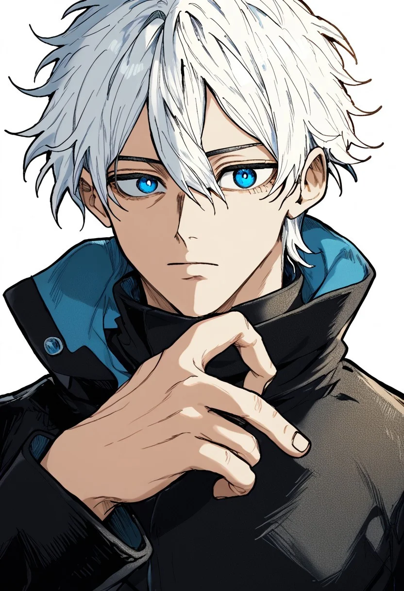 score_9, Ys_Style, gojo satoru, blue eyes, 1boy, male focus, short hair, simple background, closed mouth, gojou satoru, upper body, white background, long sleeves, hair between eyes, looking at viewer, high collar, bangs, jacket, hand up, white hair