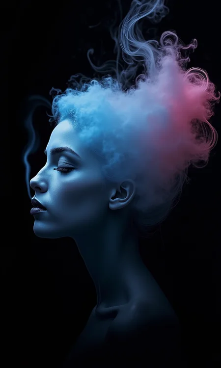 Create a breathtaking, award-winning illustration of a woman's face in a professional, highly detailed style. The image should be in black and white, with the woman's eyes closed. Her hair is styled in a bun, transforming into a cloud of blue and pink light against a black background. Smoke emerges from her mouth, blending into her hair, creating an eerie, unsettling atmosphere. The theme is horror, with a focus on a dark, spooky, and suspenseful mood. The style should be dystopian, bleak, and post-apocalyptic, conveying a somber and dramatic tone.