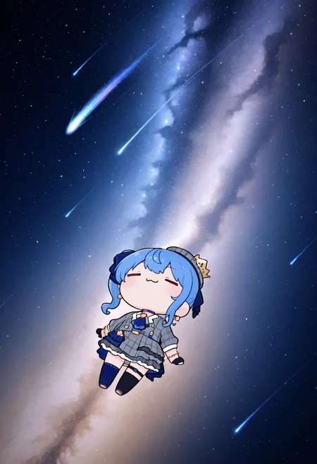 <lora:Style_KikivVmal:1>, solo, chibi, milky way, star \(symbol\), floating, =_=, :3, wide shot, leaning back, comet, 
 <lora:ChamHoshimachiSuiseiNoob:1>, Su1se1Base, blue hair, side ponytail, plaid beret, crown, blue star choker, star earrings, blue ascot, plaid jacket, grey jacket, plaid skirt, grey skirt, layered skirt, partially fingerless gloves, star bracelet, uneven legwear, thigh strap, masterpiece, best quality