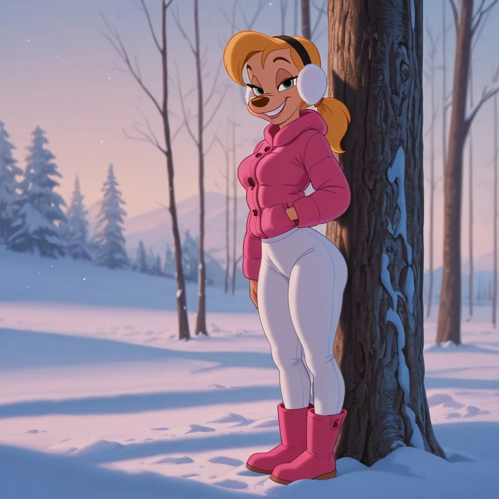 DisneyRenstyle, DISNEY_ANIMATION,
masterpiece, best quality, luminous lighting, cinematic ambiance, soft light, BREAK, 1girl, A Goofy Movie style, Goof Troop, toony, outdoors, winter, snow, sunny, anthro, furry female, blonde hair, short ponytail, bangs, low ponytail, small circle nose, slender waist, wide hips, short torso, medium breasts, short legs, curvy legs, thick calves, petite butt, hourglass figure, green eyes, wearing pink winter coat, snow boots, white snowpants, athletic butt, BREAK, standing, girl leaning against a tree, sassy smile, flirty, sexy pose, looking at viewer, ((earmuffs)),