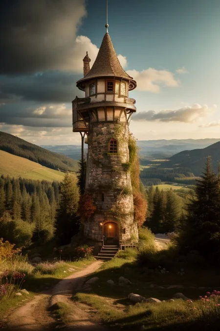 realistic analog photo, award winning photo, vary wide shot of magic stone witow tower:1.3, (Military watchtower), scenery,  fantasy, hills, dirt road, nature, outdoors, RAW, highres, 8k, uhd, High Dynamic Range, tonemapping, crisp details,