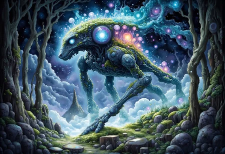 In the heart of an ancient, mystical forest, bathed in the eerie glow of a moon concealed behind thick, swirling clouds, strides a colossal translucent at-st Scout Walker. Its massive mechanical legs thunder across the moss-covered ground as it moves effortlessly through the landscape, its transparent body nearly vanishing in the vast expanse of stars above. The walkers form is translucent, barely visible against the endless cosmic canvas, with starlight piercing through its ethereal silhouette, casting a soft glow from within. The faintly shimmering Scout Walker takes on hues of deep blue and violet, refracting the distant starlight as it moves.
Soft, iridescent mushrooms, glowing faintly in deep purple and emerald hues, sprout from the back of the massive beast, casting brief flickers of light that dance across the shadows of the forest floor. Its eyes, luminous and full of ancient wisdom, gleam as they gaze out from the shifting form, reflecting the brilliance of distant galaxies.
The forest around it stretches endlessly, a labyrinth of twisted, ancient trees wrapped in dark, velvety moss, their branches reaching toward the sky like shadowed fingers. Hints of deep turquoise and dark purple swirl in the air, blending into the atmosphere, as though the entire realm is bathed in a palette of deep, enchanted twilight. The walkers silhouette moves gracefully through this dreamlike landscape, a serene giant in the midst of the cosmic night.