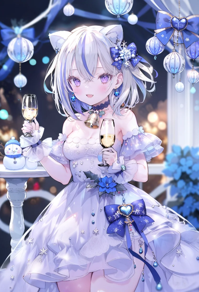 masterpiece, best quality, <lora:oninekoXL_ANI31_lokr_V43P1:0.95> 1girl, dress, solo, animal ears, cup, holding, blue hair, holding cup, smile, bell, multicolored hair, purple eyes, virtual youtuber, off-shoulder dress, looking at viewer, drinking glass, white hair, bare shoulders, white dress, wrist cuffs, open mouth, bow, cat ears, off shoulder, :d, hair bow, neck bell, jewelry, champagne flute, blush, blurry, short hair, earrings, hair ornament, flower, streaked hair, hair between eyes, blue bow, blue flower, christmas, breasts, blurry background, snowman, choker, blue eyes