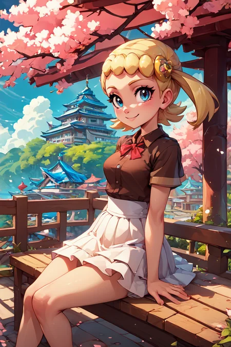score_9, score_8_up, score_8, medium breasts, (curvy), cute, eyelashes, ,,, , ,,, zzBonnie, blue eyes, blonde hair, hair ornament, short hair, side ponytail, brown shirt, white skirt, <lora:Bonnie_Pokemon_PDXL:1.0> ,,,, BREAK, sitting on bench, side view, smile, looking at viewer, cowboy shot, ,,, BREAK, pnkBldng, sky, day, cloud, tree, blue sky, building, architecture, east asian architecture, ,,, BREAK, embedding:zPDXL, Expressiveh, ,,, <lora:PinkBuildingsPDXL_v2:0.6>, <lora:SDXLFaeTastic2400:0.5>, <lora:Expressive_H-000001:0.4>
