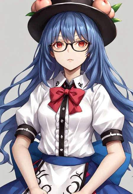 1girl, tenshi, hinanawi_tenshi, bespectacled, glasses, white_shirt, peach_hat_ornament, black_hat, blue_skirt, red_bowtie, puffy_short_sleeves, collared_shirt, center_frills,
masterpiece, best quality, very aesthetic, absurdres,