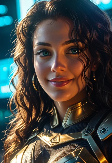 From a Distance Full Thick Muscular Body Powerful Wonder Woman outfit, Distant View Realistic Photography, holographic cloth as if it was drawn by a wire form CAD system showing accurate geometric contours to curved surfaces, Ground Level camera view below, Perfect hand, glowing fractal patterns in the cloth, Futuristic, Wonder Woman, Huge Black Curly Hair, Gorgeous Face Smiling, Big Grinning Smile, Long Hair, Distant Vibrant Colors Full body Powerful Female Wonder Woman, Mecharmor, Tactical Body Armor outfit with Cape, glowing fractal patterns in the cloth, Vibrant Colors cyborg Powerful beautiful Female, Wonder Woman exosuit, mech, Power Armor, Action Dynamic Action Combat Pose, futuristic, (off-center composition, left aligned, Portrait), old Powerful cyborg, battle worn, Tactical Bulky Power Armor, Sword and Shield, high detailed Eyes, High detailed face, gothic Neon Cyberpunk Cityscape, cinematic film still glamorous photo dark art by Rafael Zabaleta, expressionism art by Asger Jorn, vibrant, Abstract expressionism, experimental painting techniques, bold bright colors, dynamic compositions, Expressionism, Neon Night City Cyberpunk Cityscapes, emotive brushwork, brilliant tones, dramatic lighting, introspective themes. high fashion, luxurious, extravagant, stylish, sensual, opulent, elegance, stunning beauty, professional, high contrast, detailed. shallow depth of field, vignette, highly detailed, high budget, bokeh, cinemascope, epic, film grain, grainy