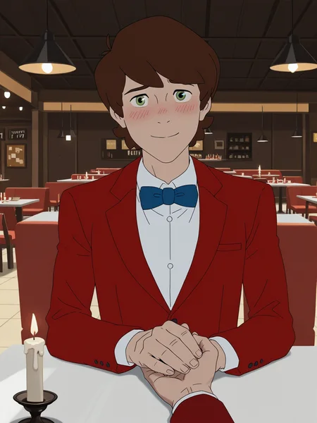 score_9, score_8_up, score_7_up, Masterpiece, Best Quality, high quality cg, 1boy, Peter Parker, green eyes, solo male, male focus, wearing red suit jacket, white collared shirt, blue bowtie, romantic, restaurant, table, holding viewers hand, candle lit dinner, date, smile, pov romance, blush, sitting, <lora:Peter_Parker-000056:1>,