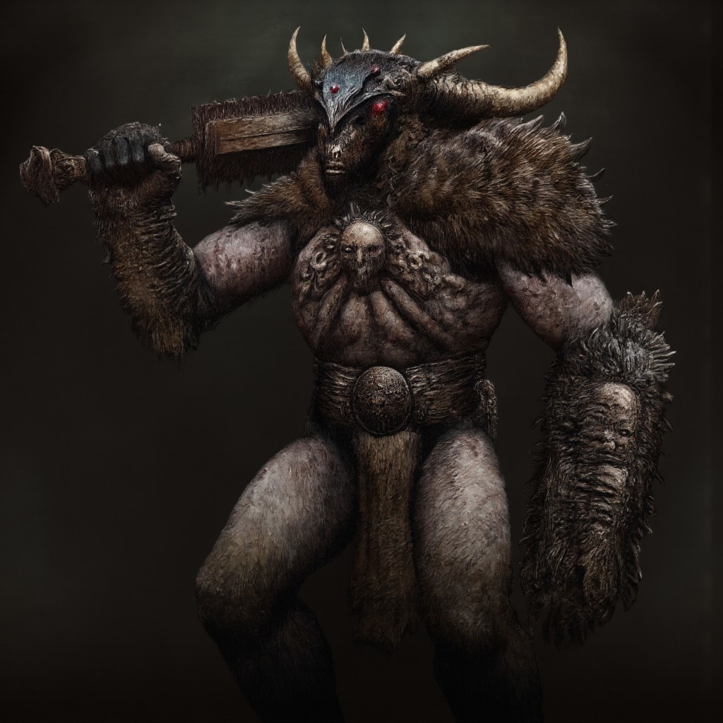 first person pov, 3D01S, simple background atmospheric and powerful dark fantasy, natural organic and first person pov of a berserk style 
towering, imposing warrior with a beastly physique stands ready for battle, exuding raw power and menace. His muscular body is covered in battle-worn, fur-lined armor, revealing patches of leathery, scarred skin underneath. A large, wicked horn protrudes from his blackened, demonic helmet, which is adorned with menacing spikes and glowing red eyes that peer out from the shadows. His face is hidden behind a skeletal visage, amplifying his fearsome aura.
In his right hand, he grips a massive, jagged sword, worn with the scars of countless battles, while his left arm bears a thick, iron-forged shield, emblazoned with a raised skull emblem that radiates dark energy. His legs, resembling those of a satyr, are covered in fur and end in hooved feet, emphasizing his inhuman nature. The beast-like warrior's posture is aggressive, his muscles tense, and his expression determined, as if he is ready to charge into combat. His presence alone commands fear, an unstoppable force of darkness and brute strength.
UHD letterboxed game trailer frame chromatic aberration dark atmosphere sharp masterpiece with a focus on the character, elden ring style, dark atmosphere, chromatic aberration