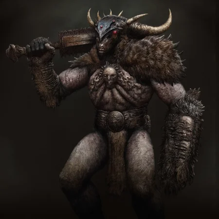 first person pov, 3D01S, simple background atmospheric and powerful dark fantasy, natural organic and first person pov of a berserk style
towering, imposing warrior with a beastly physique stands ready for battle, exuding raw power and menace. His muscular body is covered in battle-worn, fur-lined armor, revealing patches of leathery, scarred skin underneath. A large, wicked horn protrudes from his blackened, demonic helmet, which is adorned with menacing spikes and glowing red eyes that peer out from the shadows. His face is hidden behind a skeletal visage, amplifying his fearsome aura.
In his right hand, he grips a massive, jagged sword, worn with the scars of countless battles, while his left arm bears a thick, iron-forged shield, emblazoned with a raised skull emblem that radiates dark energy. His legs, resembling those of a satyr, are covered in fur and end in hooved feet, emphasizing his inhuman nature. The beast-like warrior's posture is aggressive, his muscles tense, and his expression determined, as if he is ready to charge into combat. His presence alone commands fear, an unstoppable force of darkness and brute strength.
UHD letterboxed game trailer frame chromatic aberration dark atmosphere sharp masterpiece with a focus on the character, elden ring style, dark atmosphere, chromatic aberration