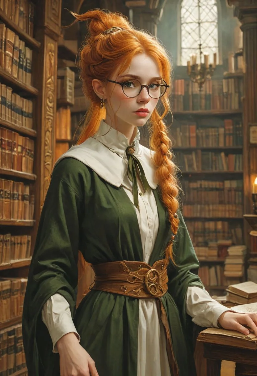 Elf Martialists, (very long ears,:1.2) very long pony tail, style of Karol Bak, Adam Hughes, Boris Vallejo, Julie Bell, Norman Rockwell,
{
1woman,
25 year old,
Merida
(Pointy Ears:1.3),
orange hair,
(Green eyes,:1.3)
Makeup,
Big Round Eyes,
Fake Eyelashes,
fleshy big lips,
Pale skin, freckles,
}
{
hair slicked back, Braids,(gigantic breasts), round glasses, spectacles
}
{
(Ritual Chamber, Ancient Library, Interior background:1.1)
}
{
(cleavage), top too small, skindentation, plunging neckline, bursting breasts, (wizard Robes:1.2), witch hat, wide brim, framed breasts, gold trim, side slit, corset, belt, pouches on belt,
}