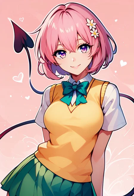 score_9, score_8_up, score_8, big breasts, (curvy), cute, eyelashes,     
rating safe, 
BREAK,
1girl, solo, looking at viewer, tlrmomo, pink hair, hair flower, green bowtie, yellow sweater vest, white shirt, short sleeves, demon tail, green skirt, BREAK, smile, looking at viewer,
BREAK,
smile, looking at viewer, 
 abstract background, hearts, white outline, cowboy shot,  
zPDXL, Expressiveh