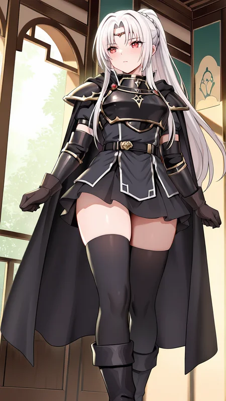 amazing quality,absurdres,best quality,masterpiece,highres,newest,detailed,detailed body,detailed face,masterpiece,best quality,solo,
Lattice,1girl,thighhighs,solo,cape,zettai ryouiki,armor,red eyes,gloves,long hair,boots,ponytail,skirt,circlet,white hair,<lora:Lattice:0.8>,