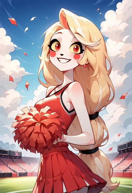 masterpiece, score_9_up, score_8_up, score_7_up, score_6_up, source_anime, (best quality:1.1), ultra-detailed, high resolution, solo, highly detailed macro illustration, Charlie Morningstar, from Hazbin Hotel, blonde hair, low-tied long hair, yellow sclera, red eyes, (cute expression, cute face:1.1), cheerful facial expression, Cheerleader outfit BREAK Outdoors, School, (Rugby field), Cheerleader dancing, Dancing, Graceful, Confetti flying, BREAK Highly Visible, sharp focus, perfect lighting, anatomically correct, extremely detailed, high detail, Expressiveh, detailed background, zPDXL3