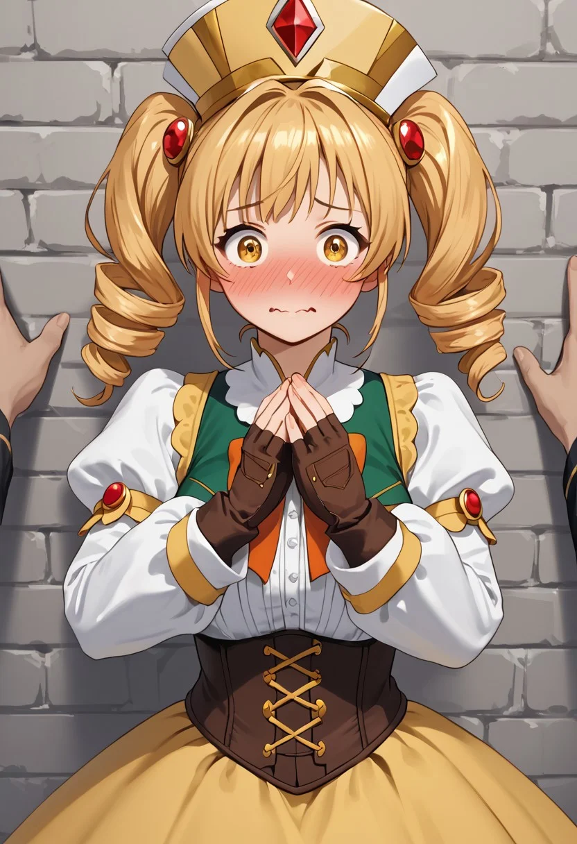 score_4,score_5,score_6,score_7_up,score_8_up,score_9 ((masterpiece,best quality,ultra detailed,highres,HD,4k:1.2)),
Araki,sketch,
1girl,solo,face focus,
mami tomoe, blonde hair, drill hair, twin drills, yellow eyes,large breasts,
brown gloves, corset, detached sleeves, fingerless gloves, gloves, hat, juliet sleeves, long sleeves, magical girl, puffy sleeves,
outdoor, pov, pov hands, kabedon, Wall-don, wall-don with both hands,<lora:Kabedon pov PonyXL:1>, full face blush,surprise,wavy mouth,@ @ ,^^,embarrassed,wide eyes,looking at viewer,