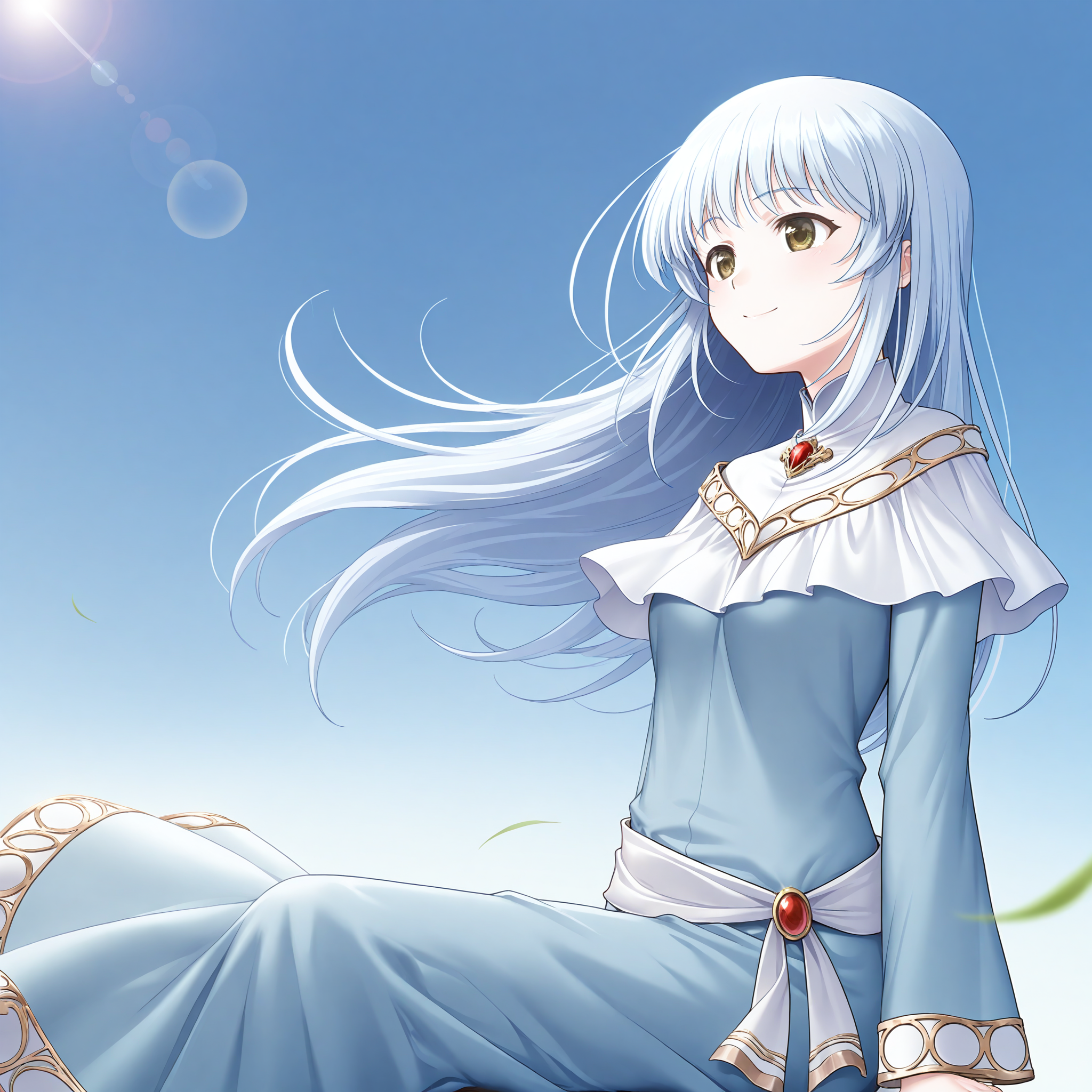 <lora:Colette_Anastasia_1_nai-000028:1>,Colette Anastasia,
white capelet,blue dress,long dress,long sleeves,brooch,red gemstone,white sash,gold trim,
1girl,solo,smile,sitting,day,simple background,from side,arms at sides,depth of field,lens_flare,looking_ahead,looking_afar,blue sky,wind,floating hair,