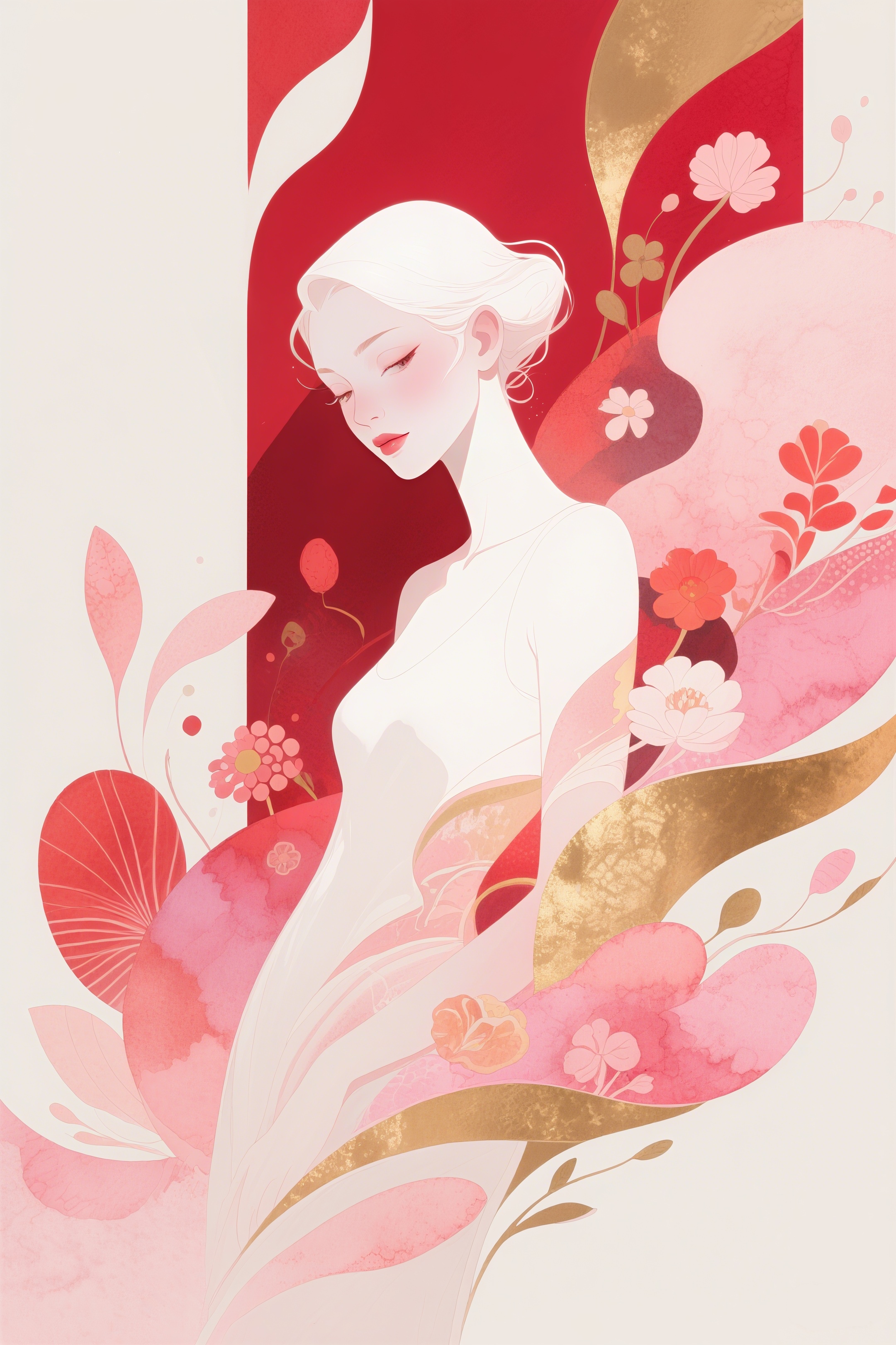 A delicate and emotionally expressive illustration unfolds, featuring minimal yet evocative linework that centers around ethereal female figures. The compositions are often sparse and graceful, with soft watercolor washes or splashes of vivid color—reds, pinks, and golds—adding bold contrast to the otherwise restrained palette. Figures are sensual and introspective, blending innocence with allure, often surrounded by abstract shapes, floral motifs, or dreamlike textures. Conrad Roset’s style fuses fashion illustration with fine art sensitivity, celebrating femininity, intimacy, and emotional nuance through poetic, minimalist beauty.