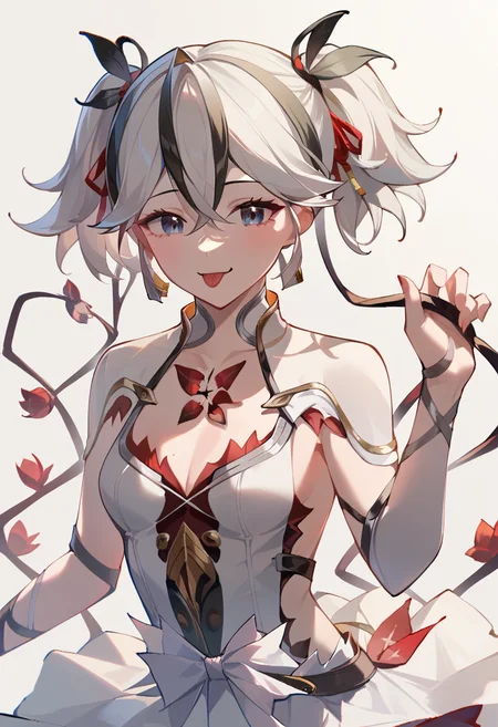 score_9,score_8_up,score_7_up,<lora:camellya_(wuthering_waves):1>,camellya_(wuthering_waves),solo,white_dress,small_breasts,cleavage,smile,simple_background,tongue_out,1girl,hair_ribbon,