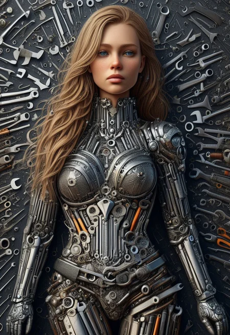 tools, made of tools, beautiful female, (anatomically correct:1.8), score_9, score_8_up, score_7_up, score_6_up, score_5_up, score_4_up, UHD, 8K, masterpiece, detailed, ultra_high_resolution, lots of detail, OverallDetailXL, detailxl, Masterpiece, 32k, photorealistic:1.4, small waist, fitness body, toned muscles, wide hips, slender legs, high cheekbones, oval face, 32 years old, mature female, milf, makeup, curvy, pretty face,  jewelry, solo, seductive smile, sultry, serious stare, stern look, natural skin, long hair, realistic photograph, female knight,  (armor made of tools:2.1), colorful banners, (castle tools, made of tools:1.3), (castle:2.4), CHQN1N, blonde hair, blue eyes, (silver elbow gloves:1.5), (gloves:2), (fully dressed:1.6), (high neck closure:1.5), (scenery:3), (outdoors:1,4), realistic, scientist, intricate details.