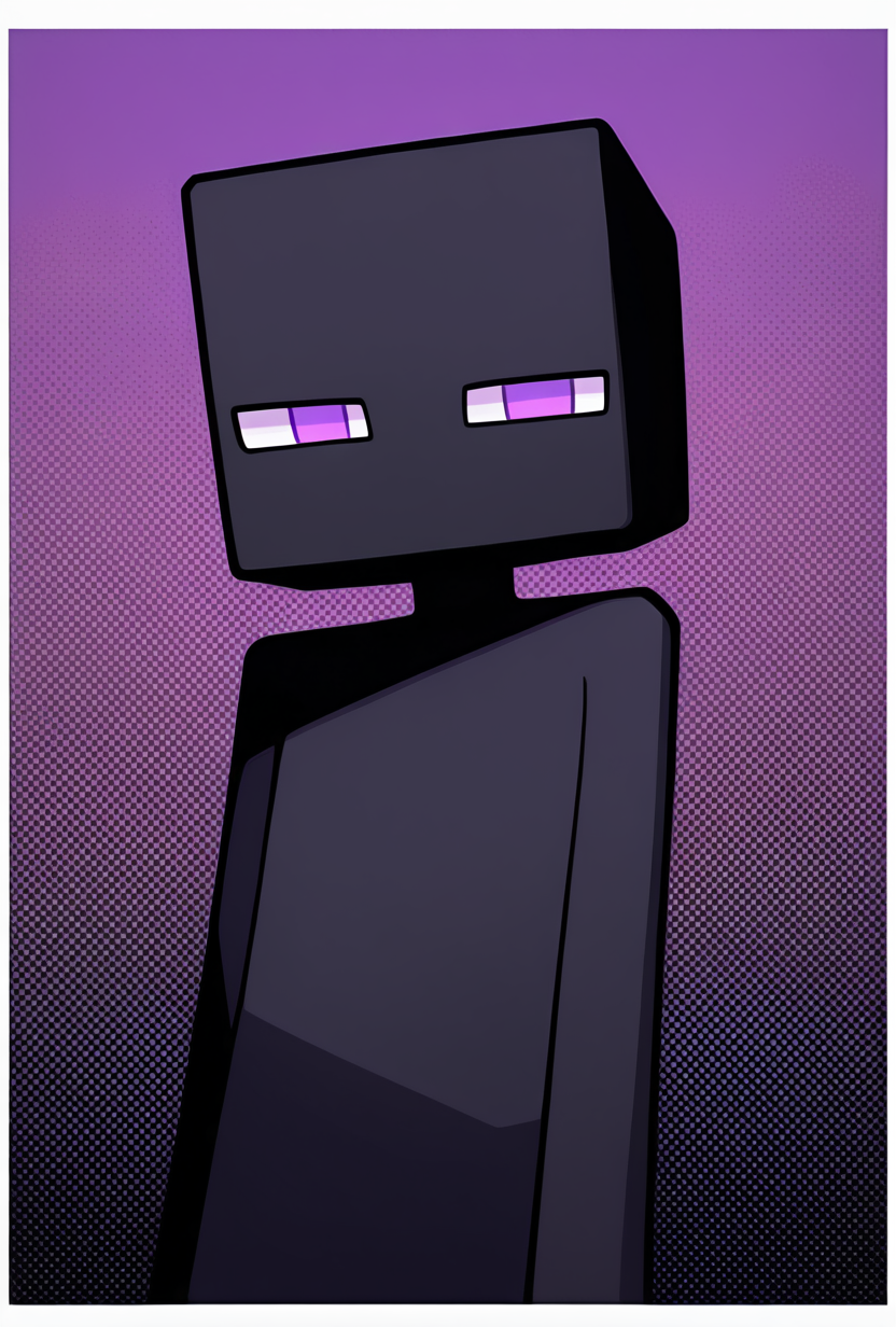<lora:enderman-08:1> enderman, no humans, purple eyes, rectangle eyes, , solo, black skin, no mouth, square head, square body, long arms, , pokemon (creature), looking at viewer, side eye,, masterpiece, best quality, amazing quality, very aesthetic, absurdres, newest,, upper body, halftone effect, white borders, abstract background:1.2,