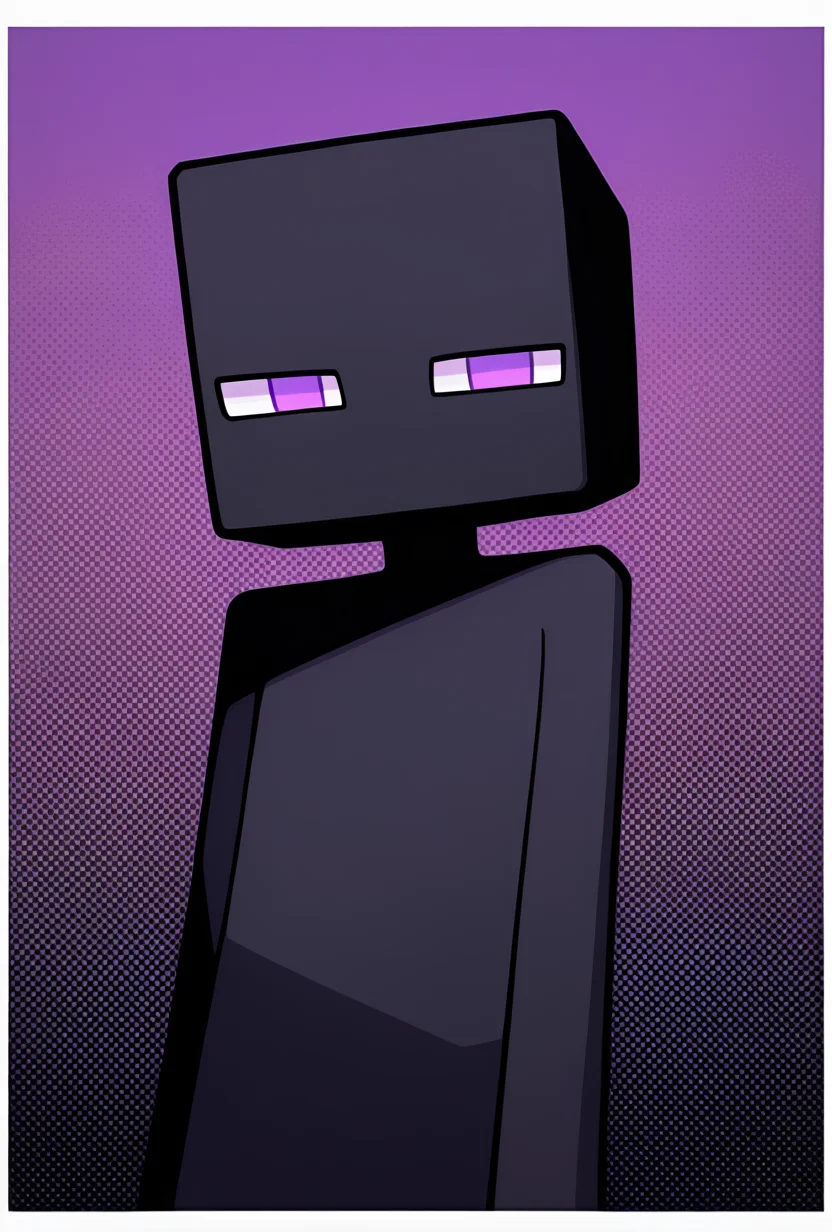 <lora:enderman-08:1> enderman, no humans, purple eyes, rectangle eyes, , solo, black skin, no mouth, square head, square body, long arms, , pokemon (creature), looking at viewer, side eye,, masterpiece, best quality, amazing quality, very aesthetic, absurdres, newest,, upper body, halftone effect, white borders, abstract background:1.2,