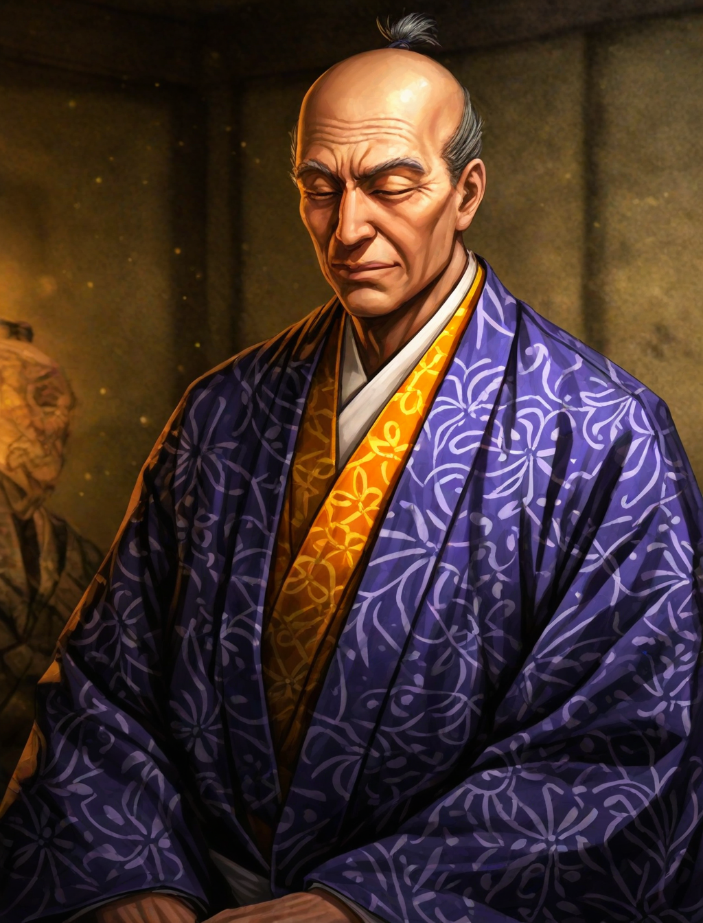 <lora:nobuyabo-style_XL_illustrious-noob_v1:1>nobuyabo style, 1boy, kimono, japanese clothes, topknot, facial hair, old man, closed eyes,, best quality, masterpiece, high quality,newest, absurdres, highres,incredibly absurdres ,<lora:NoobV065sHyperDmd:1>