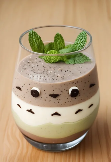 A clear glass filled with a gray smoothie, decorated with a cute Totoro face made of white cream and brown chocolate details, including large round eyes, a small nose, and a patterned belly, garnished with a sprig of fresh mint on top, placed on a wooden surface with a blurred background featuring green and beige napkins, soft natural lighting, highly detailed, photorealistic, vibrant textures, kawaii food art style