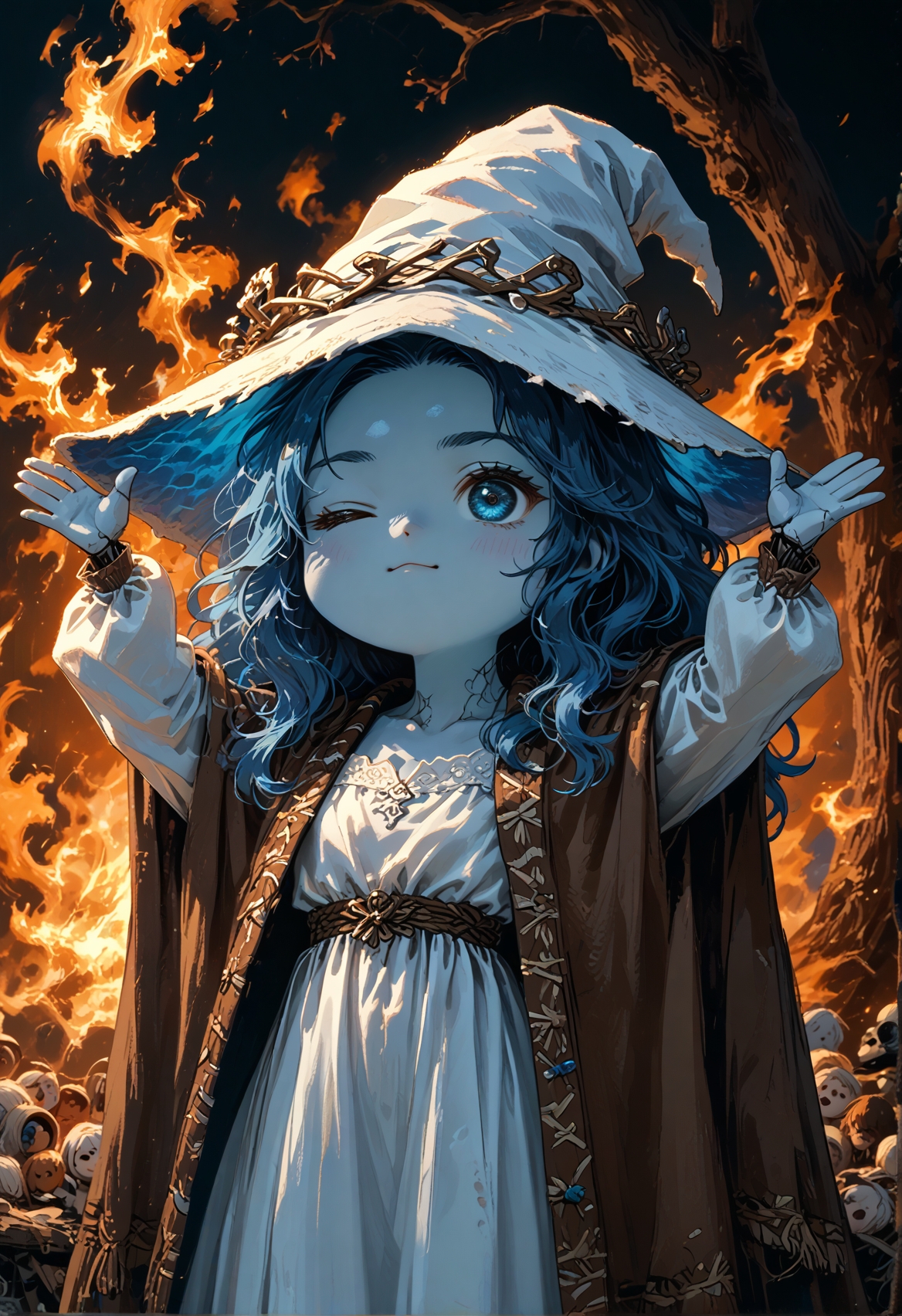 score_9,score_8_up,score_7_up,embedding:zPDXL2, film grain,Cinematic Lighting,colorful, 1girl, arms up, fire, outstretched arms, upper body, ranni-default,ranni the witch,blue eyes,one eye closed,blue hair,wavy hair,4 arms,(multiple faces:1.2),blue skin,colored skin,cracked skin,doll joints,witch hat,white headwear,white dress,long sleeves,fur cloak,brown cloak, chibi, burning,golden tree,<lora:增强\(收藏)\sdxl_lightning_8step_lora.safetensors:1.0:1.0> <lora:增强\(收藏)\Midjourney mimic 2.0.safetensors:0.2:0.2> <lora:(风格)\Photo 2 Style SDXL_LoRA_Pony Diffusion V6 XL.safetensors:0.3:0.3> <lora:增强\(收藏)\Midjourney mimic 1.2.safetensors:0.6:0.6> <lora:(风格)\(收藏)\fiasco_A1.safetensors:0.6:0.6> <lora:(风格)\(收藏)\unholy-000009.safetensors:0.2:0.2> <lora:ElmoRiseMeme_pdxl_Incrs_v1.safetensors:1.0:1.0>
