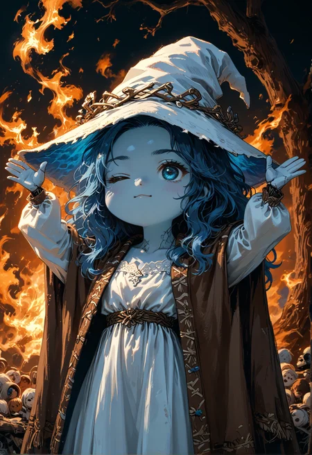 score_9,score_8_up,score_7_up,embedding:zPDXL2, film grain,Cinematic Lighting,colorful, 1girl, arms up, fire, outstretched arms, upper body, ranni-default,ranni the witch,blue eyes,one eye closed,blue hair,wavy hair,4 arms,(multiple faces:1.2),blue skin,colored skin,cracked skin,doll joints,witch hat,white headwear,white dress,long sleeves,fur cloak,brown cloak, chibi, burning,golden tree,<lora:增强\(收藏)\sdxl_lightning_8step_lora.safetensors:1.0:1.0> <lora:增强\(收藏)\Midjourney mimic 2.0.safetensors:0.2:0.2> <lora:(风格)\Photo 2 Style SDXL_LoRA_Pony Diffusion V6 XL.safetensors:0.3:0.3> <lora:增强\(收藏)\Midjourney mimic 1.2.safetensors:0.6:0.6> <lora:(风格)\(收藏)\fiasco_A1.safetensors:0.6:0.6> <lora:(风格)\(收藏)\unholy-000009.safetensors:0.2:0.2> <lora:ElmoRiseMeme_pdxl_Incrs_v1.safetensors:1.0:1.0>