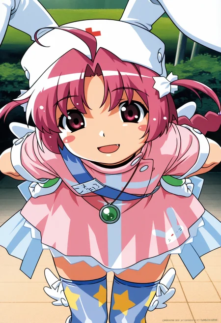 nakahara_komugi, pink hair,hat, animal ears, braid, pink eyes, ahoge, long hair, rabbit ears,
wings, star print, jewelry, star (symbol), dress, white gloves, stickers, zettai ryouiki, print thighhighs, winged footwear,
 <lora:nakahara_komugi_Illustrious-XL_2.0_v1:0.8>, masterpiece,best quality,amazing quality, solo,1girl,, standing, (dynamic pose) , blush,open mouth,light smile, 
looking at viewer,(upper body, close-up),cowboy shot, upper body, 
(outdoors, )