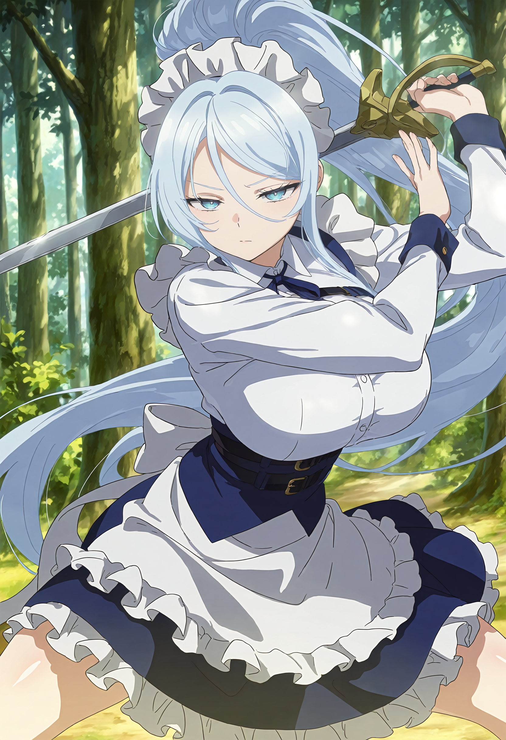 masterpiece, best quality, amazing quality, very aesthetic, absurdres, newest, scenery, 1girl, solo, huge breasts, serious, half-closed eyes, <lora:Sylpha illustxl:0.9> long hair, blue eyes, hair between eyes, light blue hair, high ponytail, sidelocks, maid headdress, neck ribbon, blue ribbon, white shirt, collared shirt, long sleeves, (frills:1.1), frilled apron, waist apron, white apron, belt, blue dress, frilled skirt, forest, outdoors, standing, fighting stance, holding sword, spread legs, upper body, looking at viewer, shiny skin, anime screenshot, masterpiece, best quality, amazing quality, very aesthetic, absurdres, newest, scenery, volumetric lighting