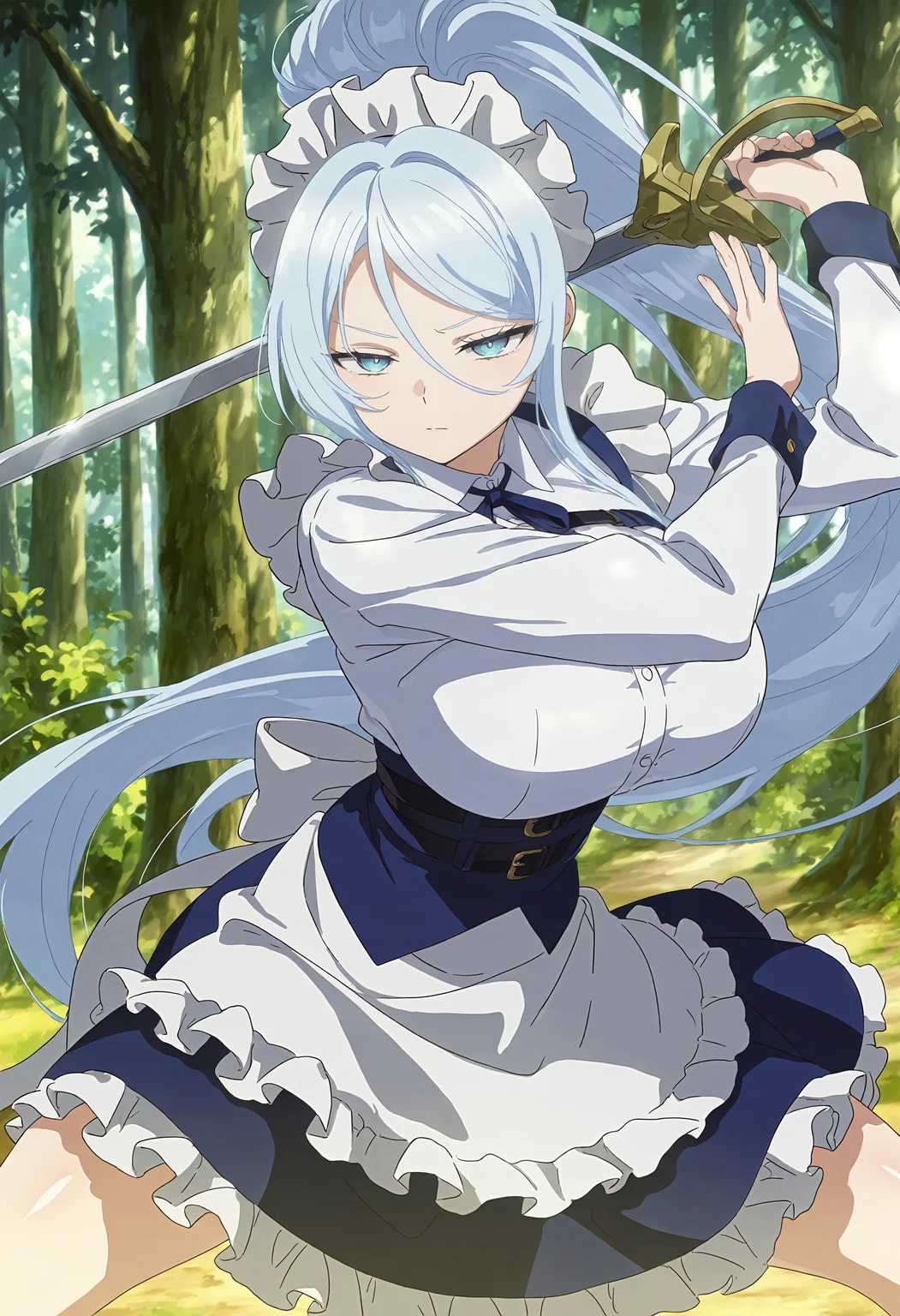 masterpiece, best quality, amazing quality, very aesthetic, absurdres, newest, scenery, 1girl, solo, huge breasts, serious, half-closed eyes, <lora:Sylpha illustxl:0.9> long hair, blue eyes, hair between eyes, light blue hair, high ponytail, sidelocks, maid headdress, neck ribbon, blue ribbon, white shirt, collared shirt, long sleeves, (frills:1.1), frilled apron, waist apron, white apron, belt, blue dress, frilled skirt, forest, outdoors, standing, fighting stance, holding sword, spread legs, upper body, looking at viewer, shiny skin, anime screenshot, masterpiece, best quality, amazing quality, very aesthetic, absurdres, newest, scenery, volumetric lighting