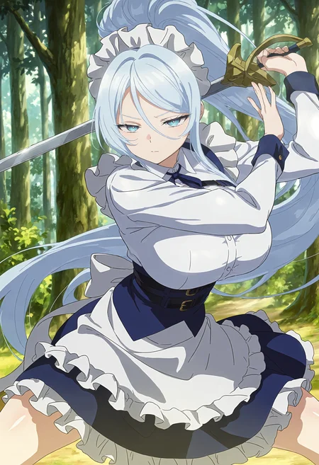 masterpiece, best quality, amazing quality, very aesthetic, absurdres, newest, scenery, 1girl, solo, huge breasts, serious, half-closed eyes, <lora:Sylpha illustxl:0.9> long hair, blue eyes, hair between eyes, light blue hair, high ponytail, sidelocks, maid headdress, neck ribbon, blue ribbon, white shirt, collared shirt, long sleeves, (frills:1.1), frilled apron, waist apron, white apron, belt, blue dress, frilled skirt, forest, outdoors, standing, fighting stance, holding sword, spread legs, upper body, looking at viewer, shiny skin, anime screenshot, masterpiece, best quality, amazing quality, very aesthetic, absurdres, newest, scenery, volumetric lighting