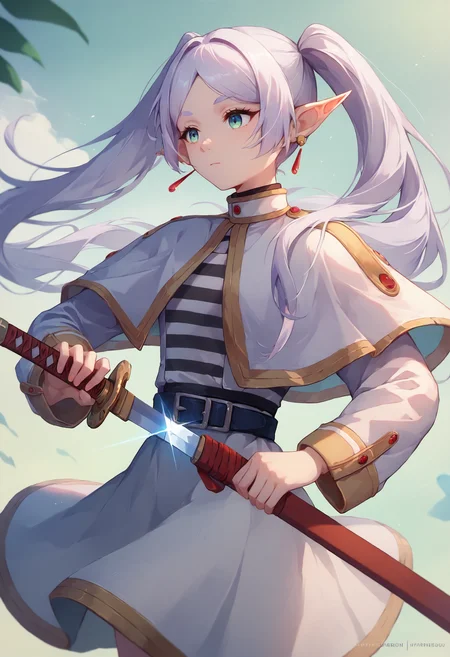 score_9, score_8_up, score_7_up, 1girl, holding sword unsheathing
<lora:unsheathing_2_final:1>
BREAK
score_9, score_8_up, score_7_up, nereirfpnxl, frieren, pointy ears, twintails, earrings, elf, parted bangs, white hair, white capelet, capelet, long sleeves, white skirt, belt, striped shirt
<lora:others_frieren_nereirfpnxl_pony_v2:1>