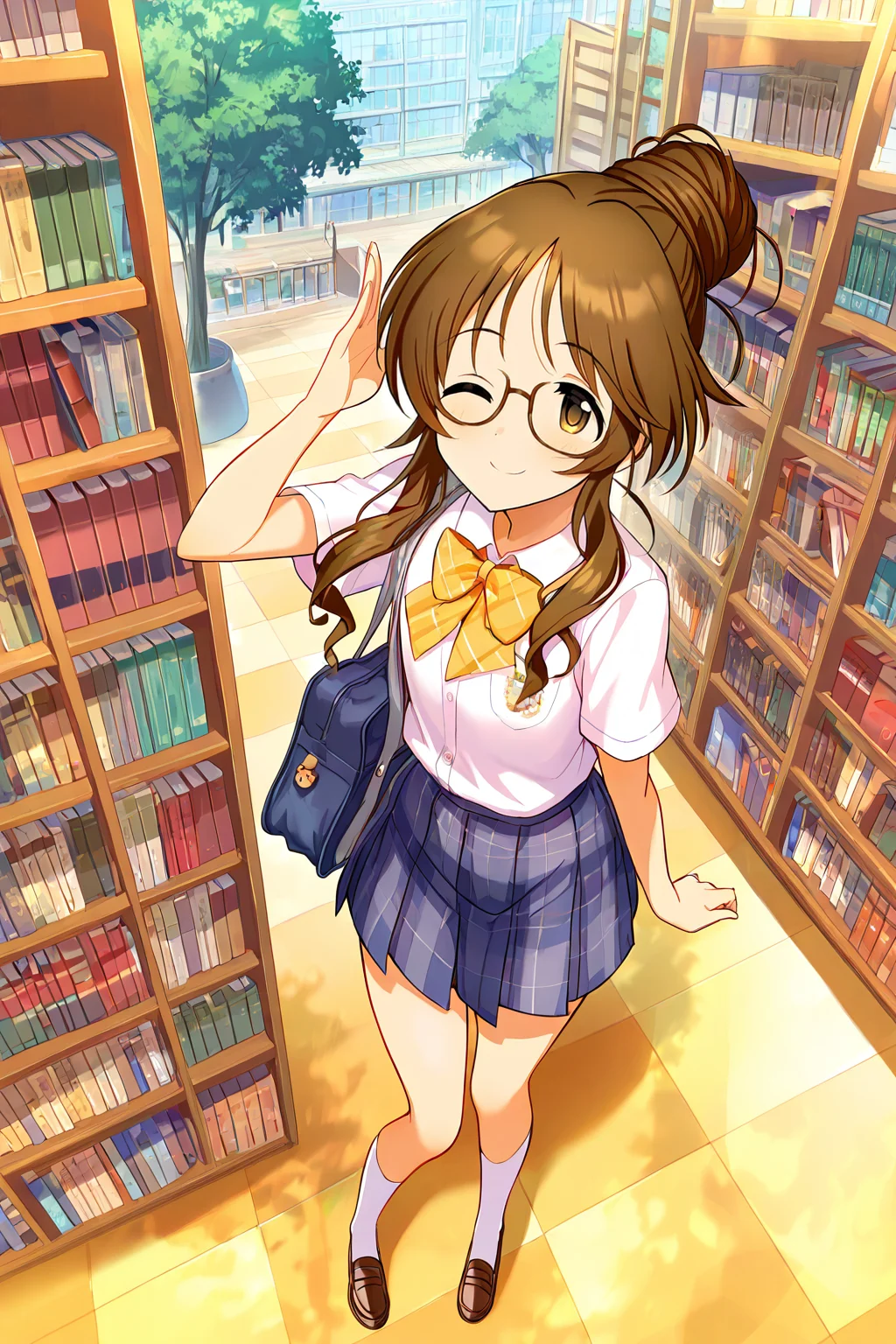 masterpiece,best quality,very aesthetic,absurdres,highres,newest,official art,official style,
1girl,solo,
takamori aiko,brown eyes,brown hair,long hair,
glasses,one eye closed,school uniform,
<lora:eye_focus:1>,eye_focus,
outdoors,library,bookshelf,book stack,
smile,standing,full body,
<lora:idolmaster_takamori_aiko_ill_v1.0:1>,