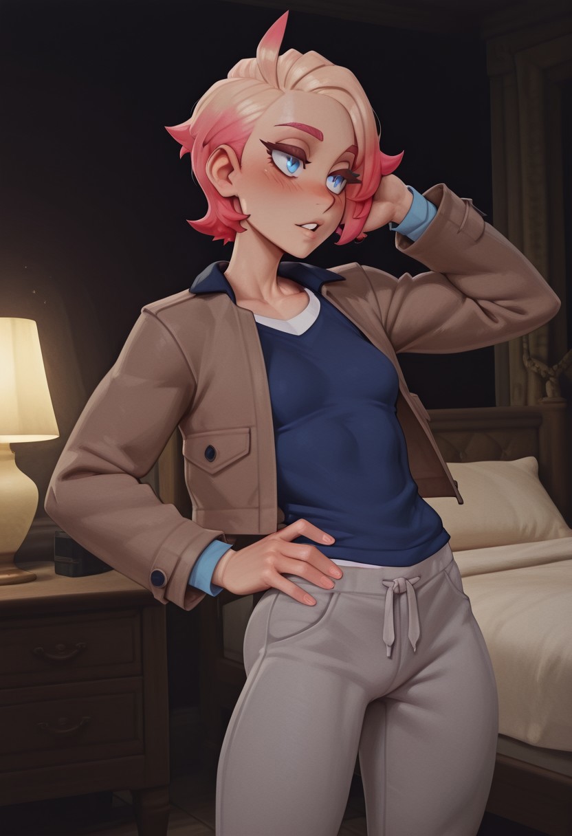 masterpiece, best quality, newest, absurdres, highres, dark lighting, pixelsketcher, solo, 
1girl, tomboy, androgynous, soft feminine body, small breasts, 
urbain, partner, za, trainer, shirt, jacket, pants, blue shirt, , blue eyes, brown jacket, open jacket, open clothes, short hair, pink hair, grey pants, long sleeves, 
long eyelashes, thick eyelashes, 
sexy, seductive, bedroom eyes, blush, parted lips, playful, one hand in hair, one hand on hips, 
bedroom, standing,