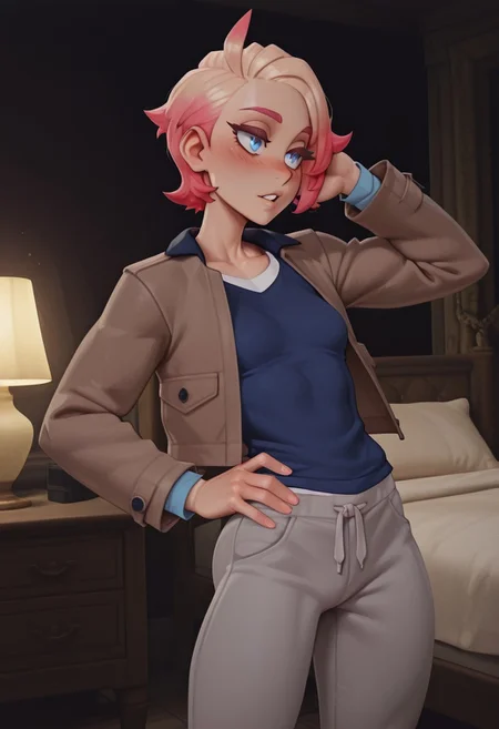 masterpiece, best quality, newest, absurdres, highres, dark lighting, pixelsketcher, solo,
1girl, tomboy, androgynous, soft feminine body, small breasts,
urbain, partner, za, trainer, shirt, jacket, pants, blue shirt, , blue eyes, brown jacket, open jacket, open clothes, short hair, pink hair, grey pants, long sleeves,
long eyelashes, thick eyelashes,
sexy, seductive, bedroom eyes, blush, parted lips, playful, one hand in hair, one hand on hips,
bedroom, standing,