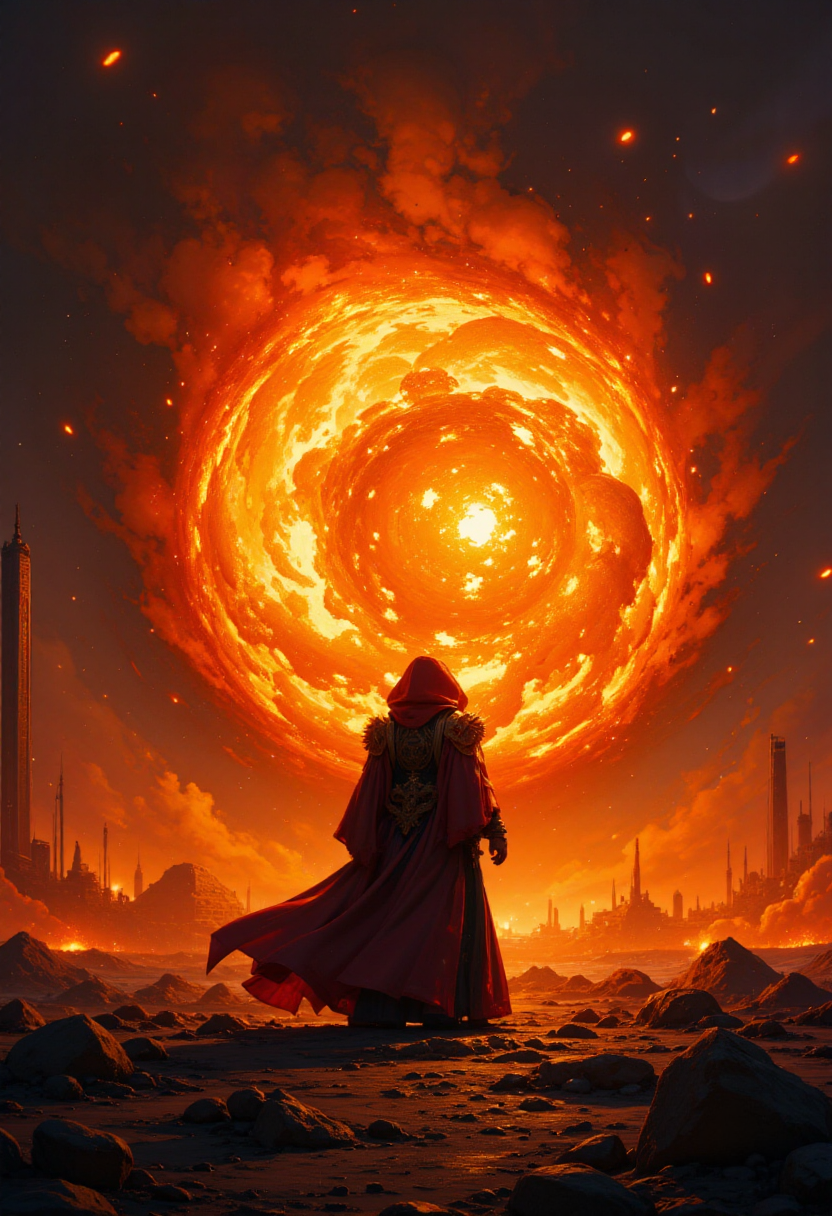 G0thicL1nes, A formidable mage, garbed in flowing, ember-glowing robes, stands at the center of a desolate, scorched battlefield. The mage channels a blazing fireball, its searing flames illuminating the dark, smoke-filled air with intense, flickering light. The scene is charged with a fierce, elemental energy and a sense of impending destruction. Rendered in a Photographic style with a 135mm lens, capturing the fiery explosion's vivid details and dramatic contrasts.
<lora:FluxMythG0thicL1nes:1>