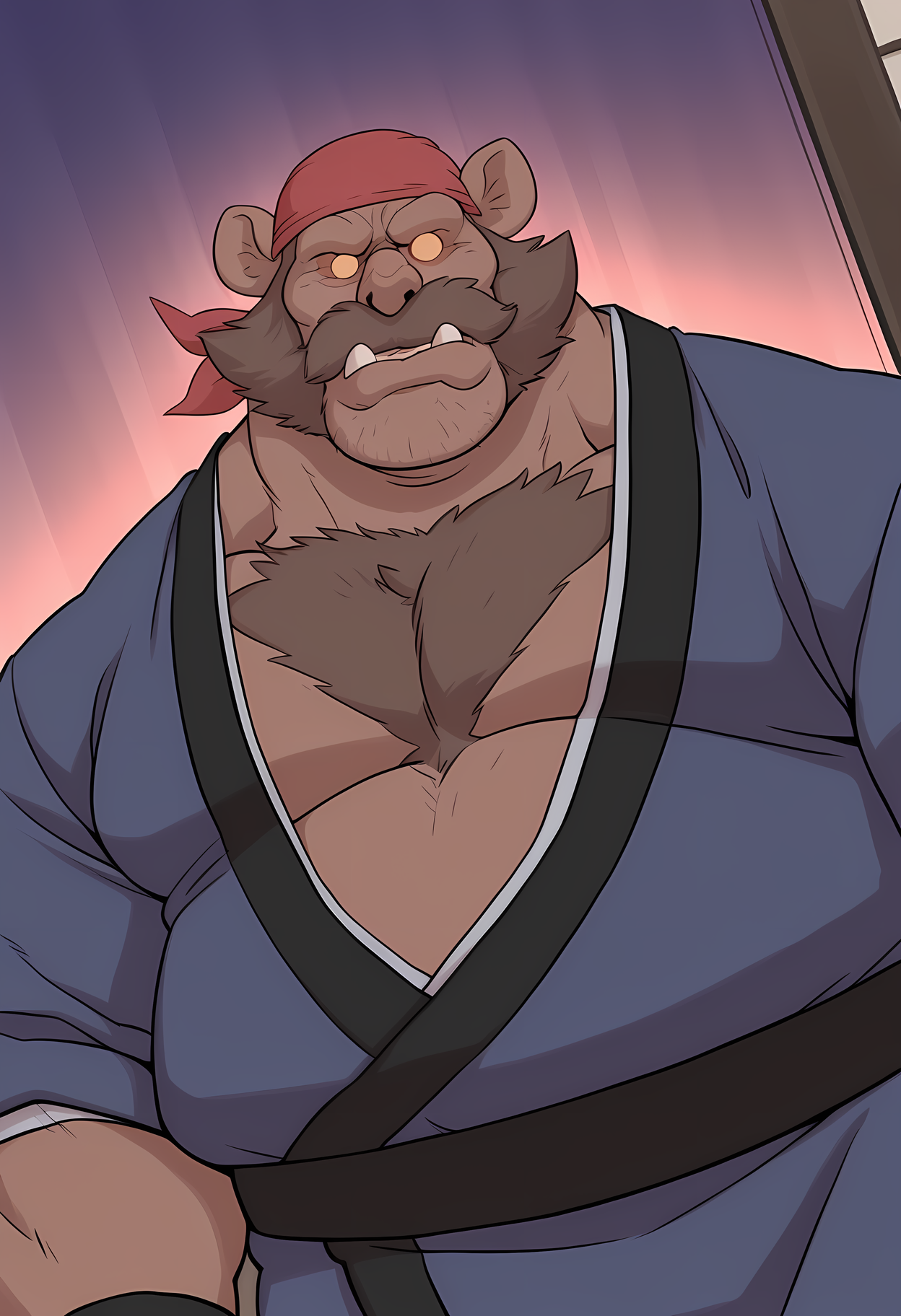 masterpiece, best quality, amazing quality, dutch angle, abstract background, BREAK
1boy, solo, male focus, cl_peyj, brown body, bara, animal ears, facial hair, mustache,  orange lenses, bandana, yukata, japanese clothing, BREAK
<lora:cfg_scale_boost:.6>    <lora:Peyj_-_Captain_Laserhawk_A_Blood_Dragon_Remix_-_ILXL:1>