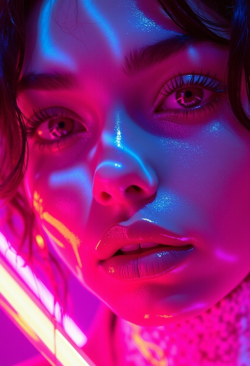 This is a vibrant, high-fashion photograph featuring a close-up of a woman's face, bathed in a kaleidoscope of neon lights. The image is dominated by a striking, dramatic color scheme with pink, blue, and yellow hues creating a mesmerizing, almost holographic effect. The woman's face is illuminated with these vibrant colors, creating dramatic shadows and highlights on her skin.