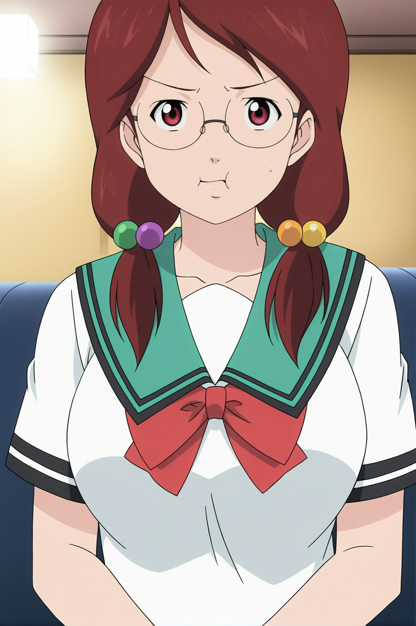 anime screencap,anime coloring,detailed face,masterpiece,best quality,very aesthetic,absurdres,volumetric lighting,official style,amazing quality,ultra detailed,highres,amazing quality,scenery,beautiful detailed hair,beautiful detailed eyes,official anime artwork,
<lora:Mera Chisato-IL V1:1>,Mera Chisato,1girl,solo,glasses,red hair,brown hair,large breasts,hair ornament,hair bobbles,
school uniform,serafuku,red eyes,:t,