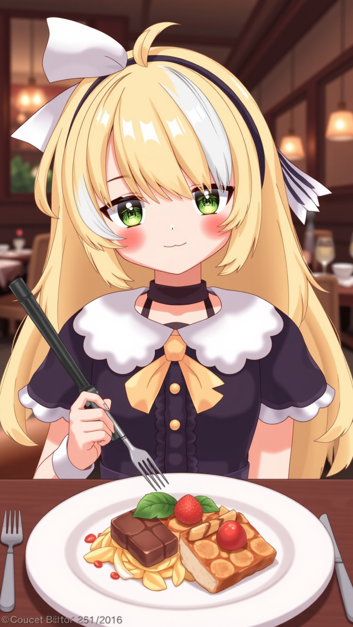 inis, blonde hair, green eyes, smile, streaked hair, headband,
POV you are eating with inis indoors at a fancy restaurant